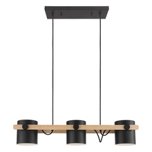 Eglo 43045A - 3 LT Linear Pendant w/ a Black & Wood Finish & Metal Black Shades