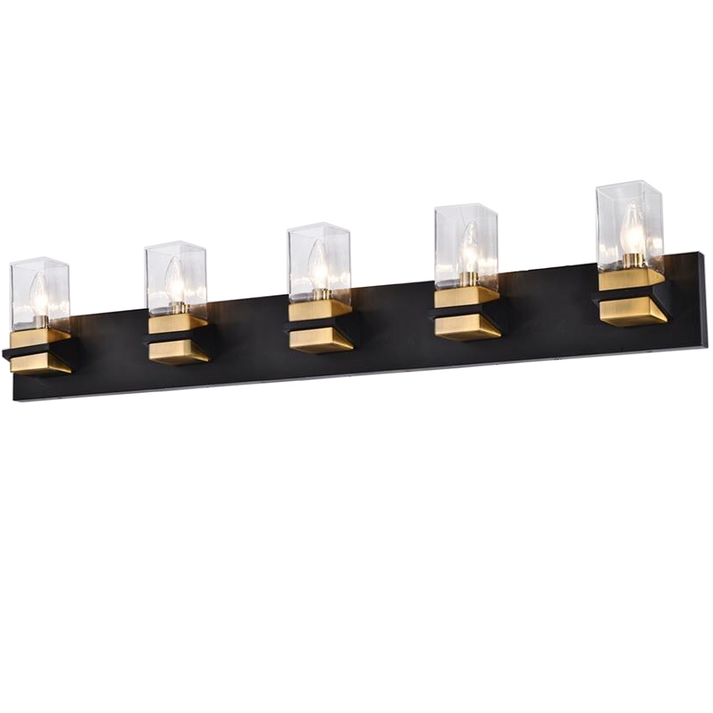 5 Light Incandescent Vanity, Matte Black & Aged Brass w/ Clear Glass