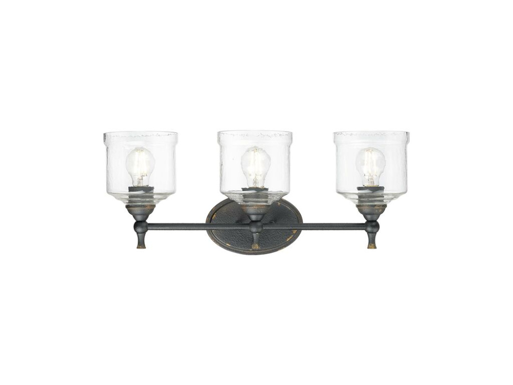 Keating 3 Light Bath Vanity in Antique Black Iron with Hammered Water Glass Shade